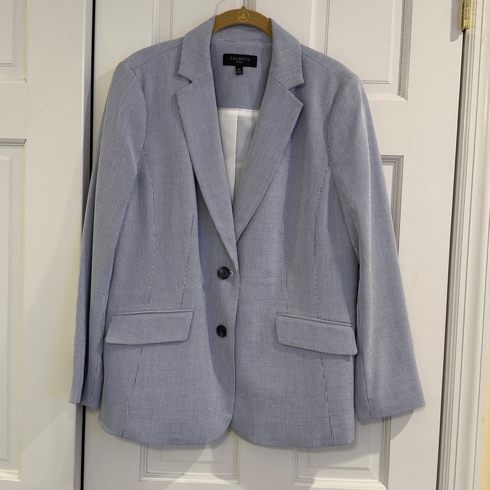 Talbots Blue and White Seersucker Striped Jacket and Pants